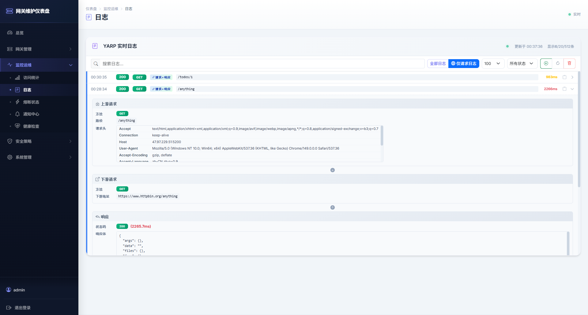 Aneiang.Yarp Dashboard 请求日志页面截图